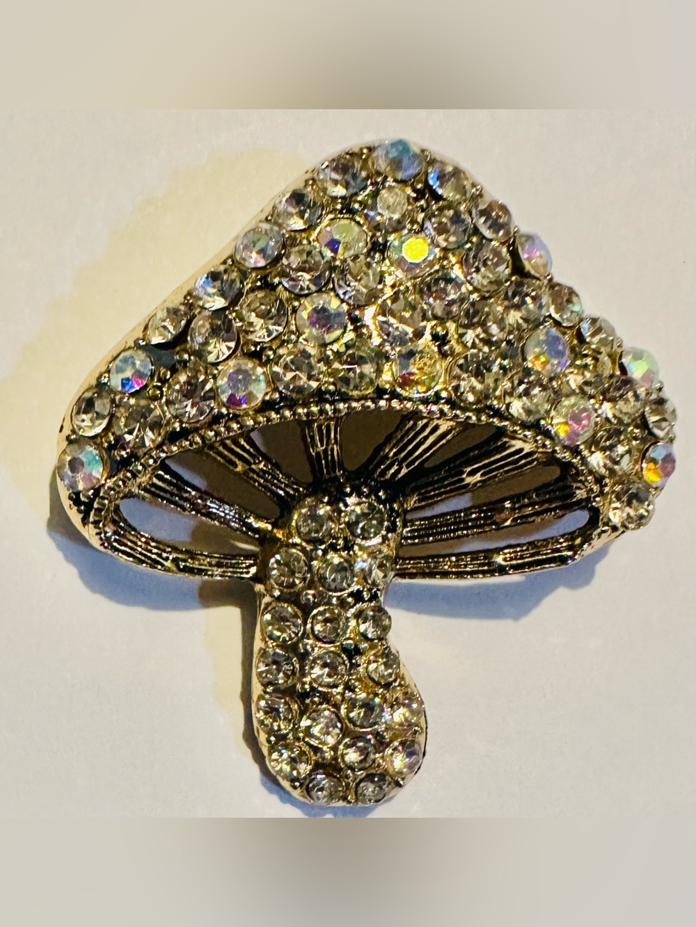 Crystal Iridescent Mushroom Brooch β Sparkling Clear Rhinestone Accent Gold Tone
